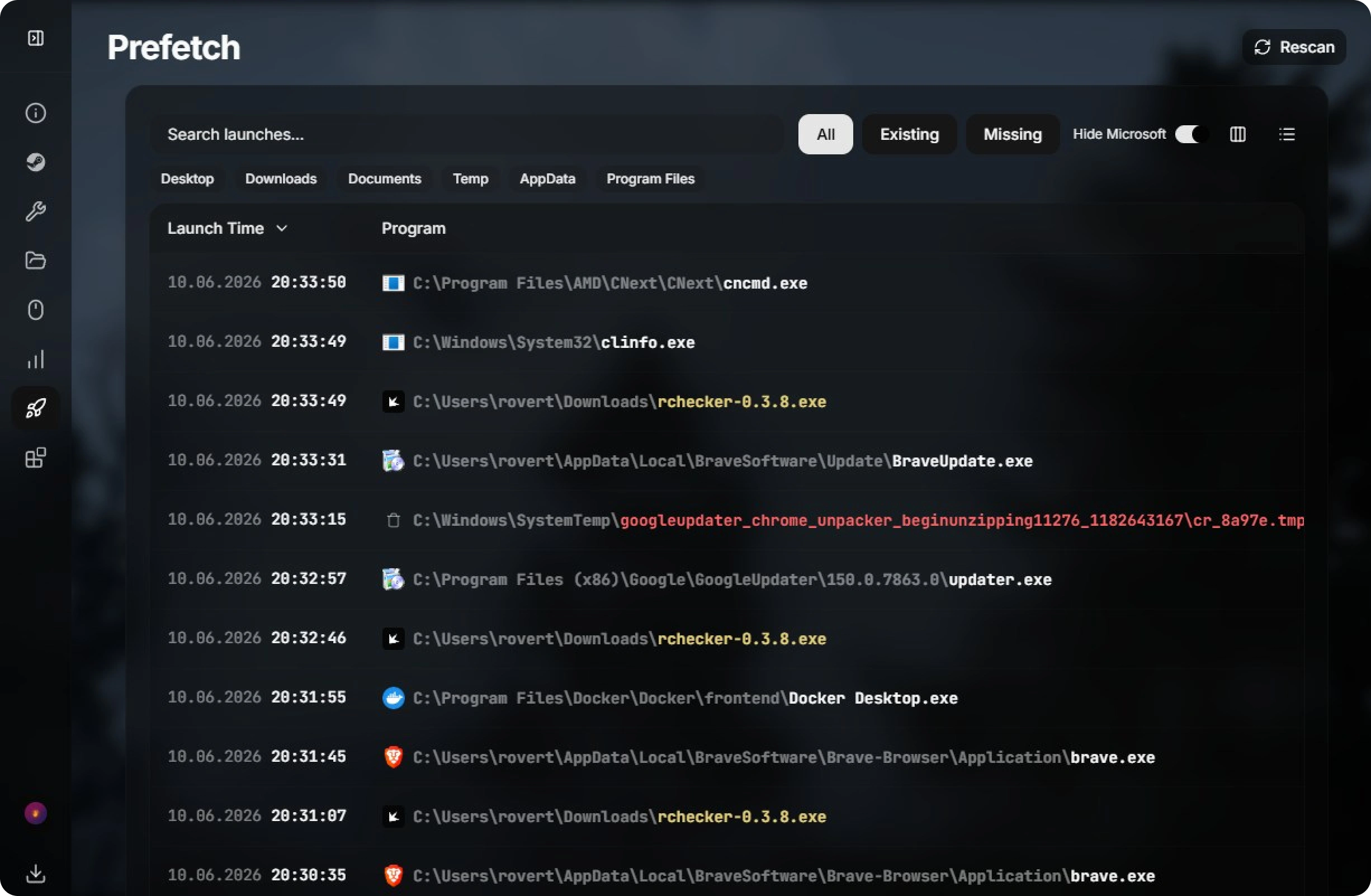Program activity view in the RChecker client
